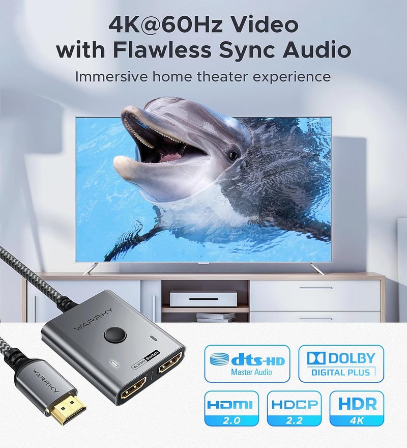 Warrky مفتاح HDMI 2 في 1 مخرج 4K@60Hz، [مع كابل HDMI مضفر ثابت بطول 3.3 قدم، هيكل من الألمنيوم، 2K@144Hz، HDCP 2.2] مفتاح ثنائي الاتجاه 2x1 متوافق مع PS5/4، Xbox، Roku، FireStick، Switch - Image 4